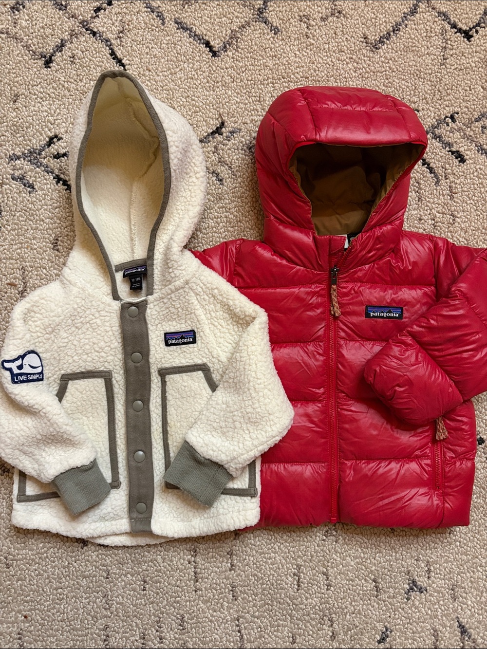 Patagonia Cream Sherpa Hoodie & Red Puffer Jacket (12/18m) EUC